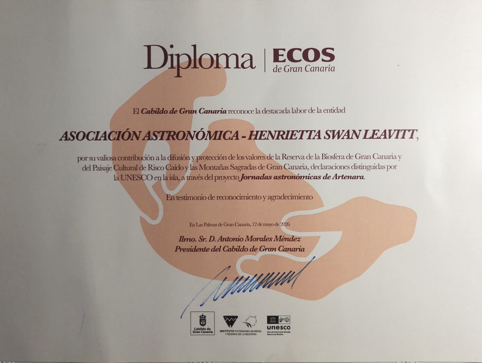 Diploma ECOS de Gran Canaria concedido por el Cabildo a la AAEC Henrietta Swan Leavitt por las II Jornadas de Artenara