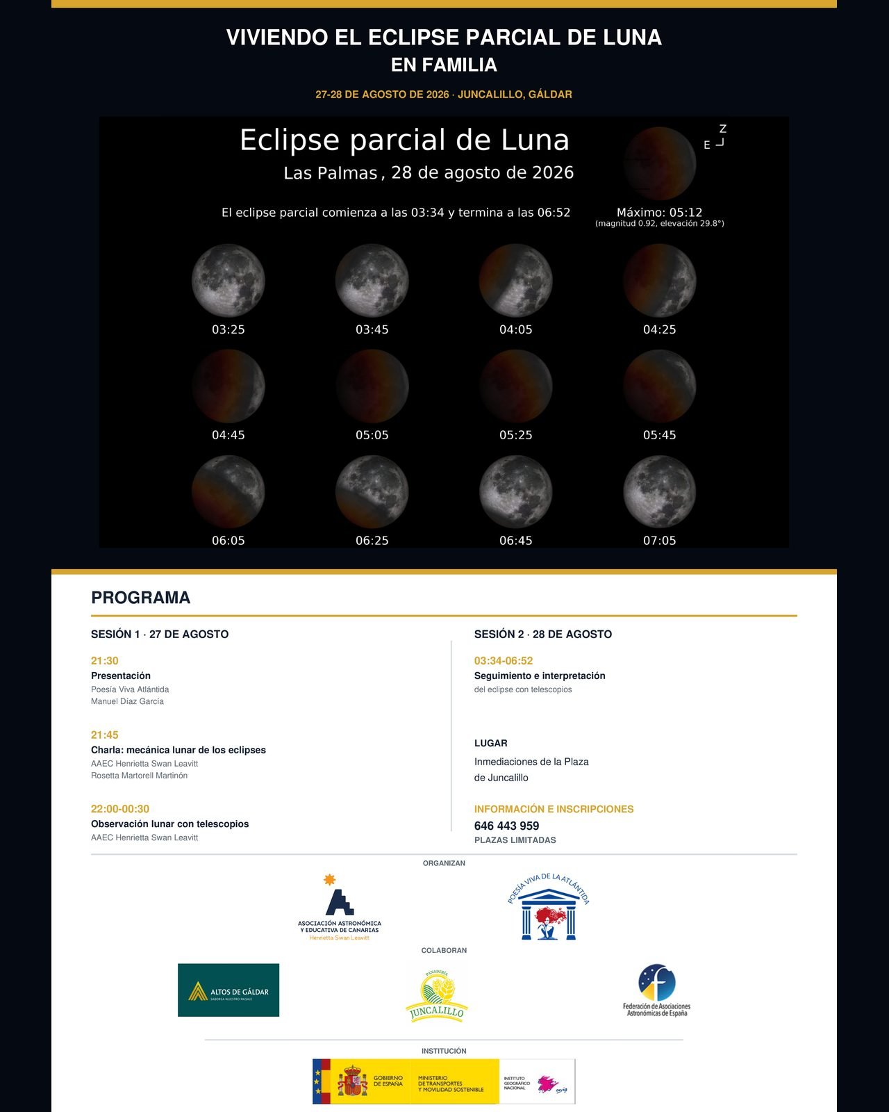 Cartel de la actividad «Viviendo el eclipse parcial de Luna en familia», con las doce fases del eclipse del 28 de agosto de 2026 y el programa de las dos sesiones en Juncalillo de Gáldar