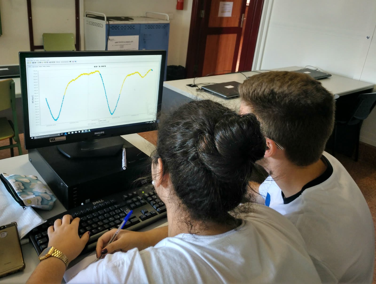 Alumnado analizando en el ordenador los datos del campo magnético terrestre medidos por la Raspberry Pi