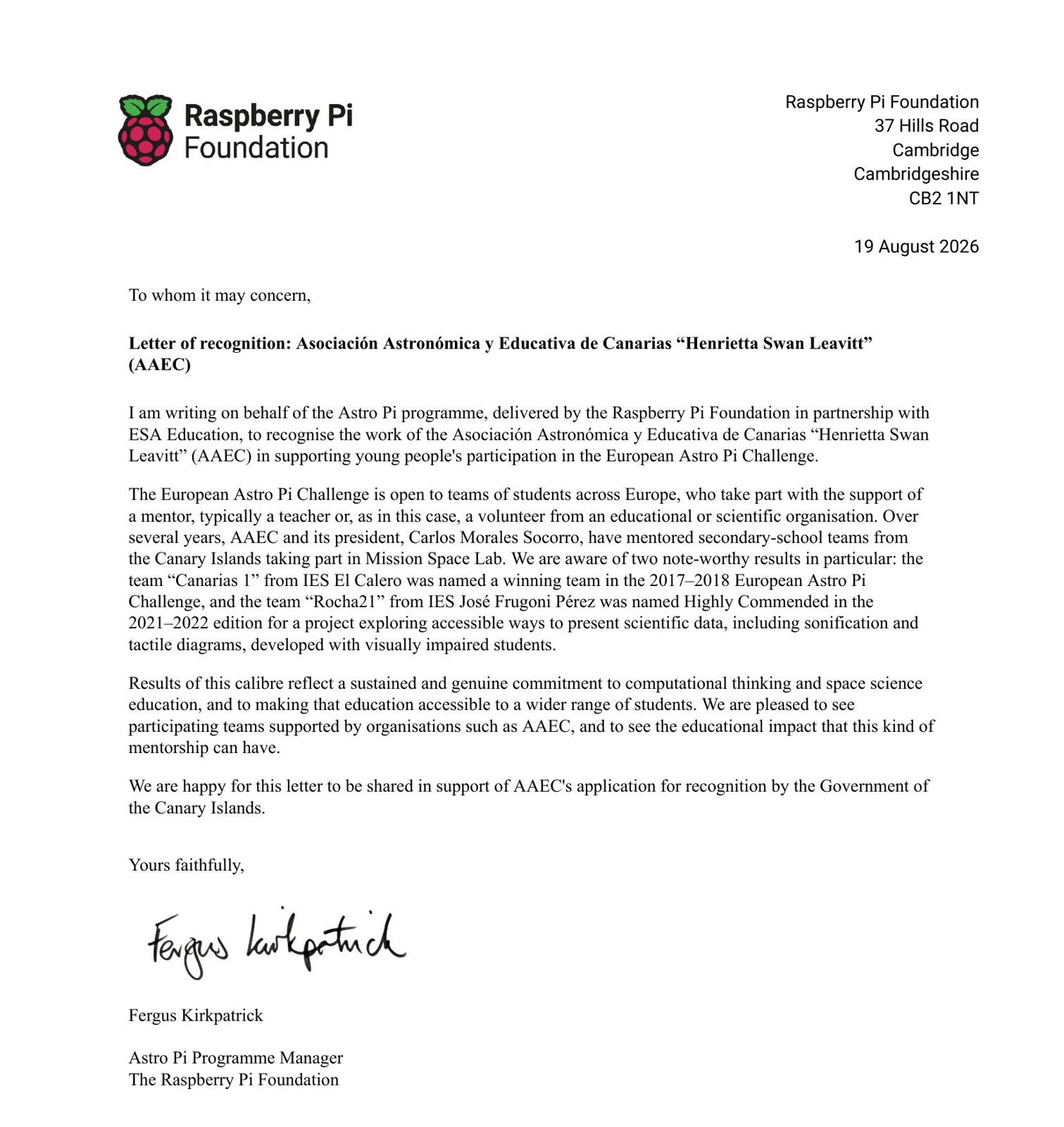 Carta de reconocimiento de la Raspberry Pi Foundation Carta de reconocimiento de la Raspberry Pi Foundation a la trayectoria de la AAEC en el Astro Pi Programme