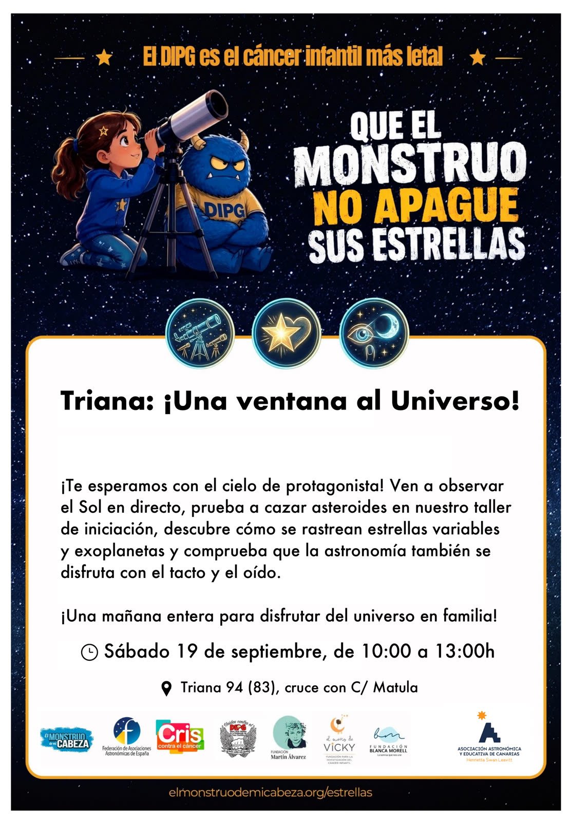 Cartel de la actividad solidaria "Triana: una ventana al Universo" contra el DIPG, sábado 19 de septiembre de 10:00 a 13:00 h en Triana 94, Las Palmas