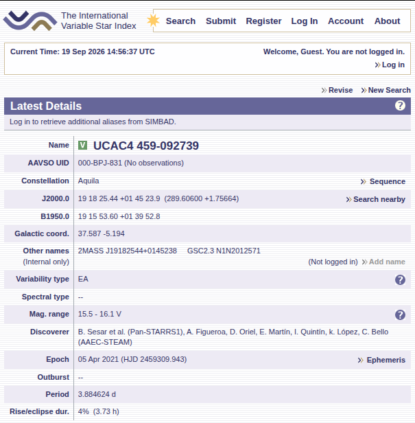Ficha de UCAC4 459-092739 en el índice VSX de la AAVSO: binaria eclipsante del Águila con un periodo de 3,88 días